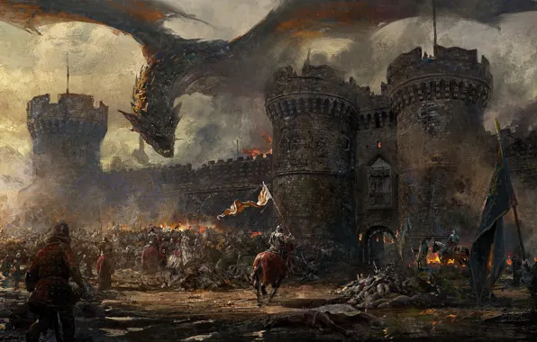 Картинка fire, wall, fantasy, Dragon, soldiers, armor, smoke, army