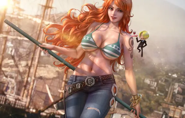 Девушка, пейзаж, One Piece