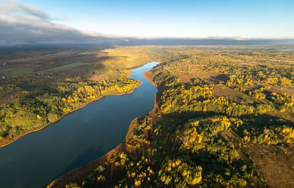 Осень, лес, небо, облака, свет, деревья, озеро, река