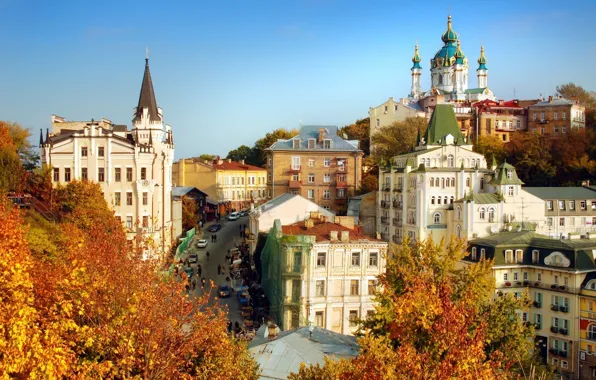 Картинка осень, деревья, дома, Украина, Киев, Андреевская церковь