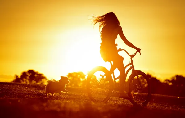 Девушка, закат, велосипед, настроение, собака