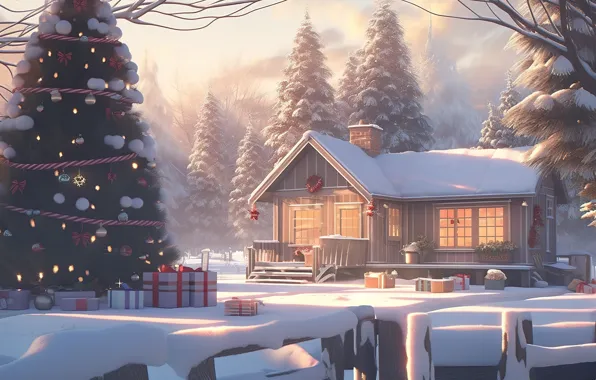 Зима, снег, lights, Новый Год, мороз, Рождество, хижина, rustic