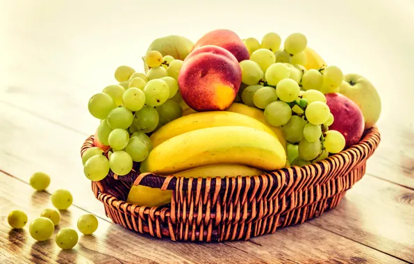 Картинка яблоки, виноград, бананы, фрукты, корзинка, персики, боке