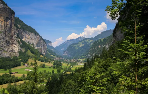 Картинка деревья, горы, дом, Швейцария, долина, Лаутербруннен