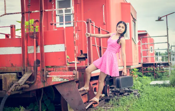 Девушка, платье, вагон, розовое, чемодан