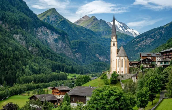 Горы, дома, Австрия, долина, деревня, Альпы, церковь, Austria