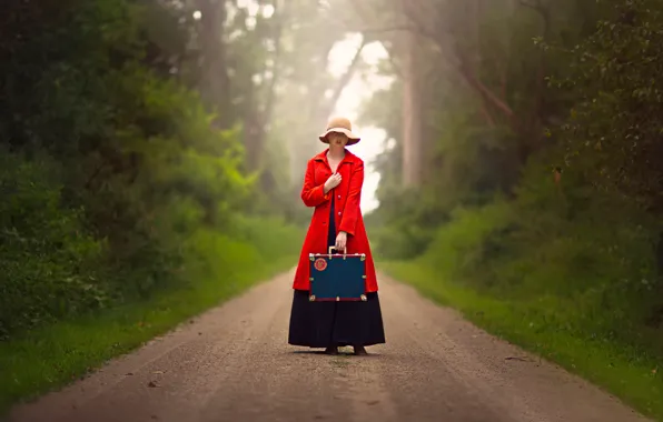 Картинка дорога, девушка, чемодан, шляпка, в красном
