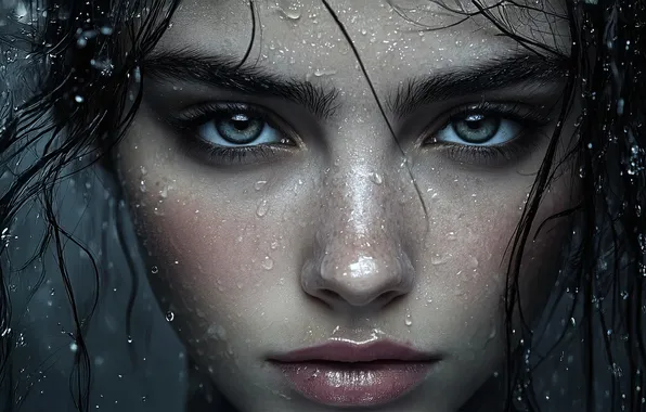 Взгляд, вода, девушка, капли, лицо, поза, портрет, брюнетка