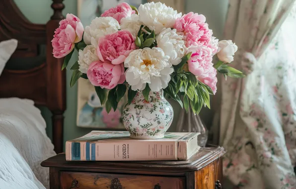 Цветы, комната, кровать, букет, весна, постель, тумбочка, книга