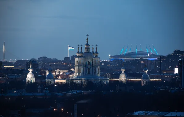 Картинка город, здания, дома, Питер, Санкт-Петербург, сумерки, Смольный собор, купола