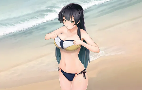 Girl, sexy, cleavage, beach, long hair, sea, boobs, anime
