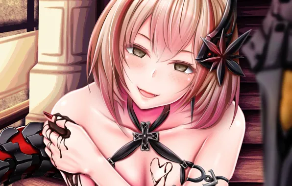 Girl, sexy, cleavage, pink hair, dress, brown eyes, boobs, anime