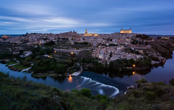 Небо, город, река, вечер, освещение, архитектура, синее, Испания