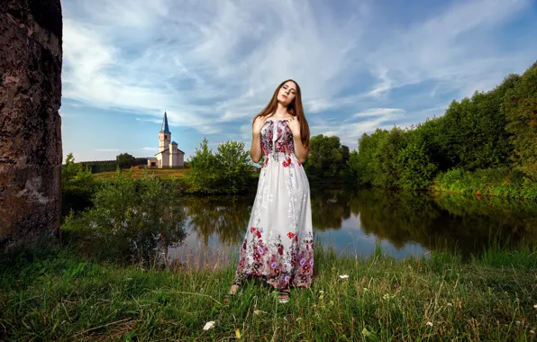 Девушка, озеро, пруд, берег, платье, церковь, русская, вышивка