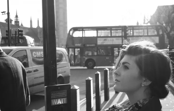 Взгляд, девушка, машины, город, фото, улица, Лондон, черно-белое