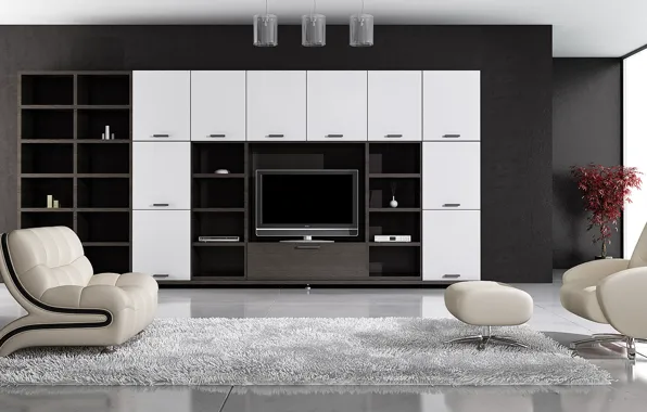 Картинка комната, ковер, кресло, телевизор, пол, шкаф, пуфик, гостинная