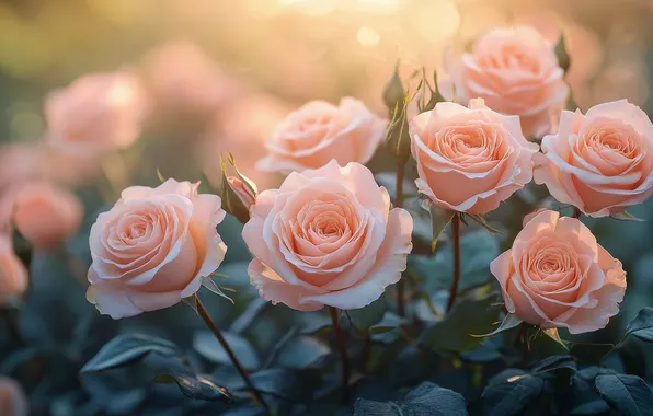 Свет, цветы, розы, букет, сад, розовые, кремовые, кусты роз
