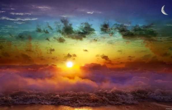 Картинка море, закат, между небом и землей