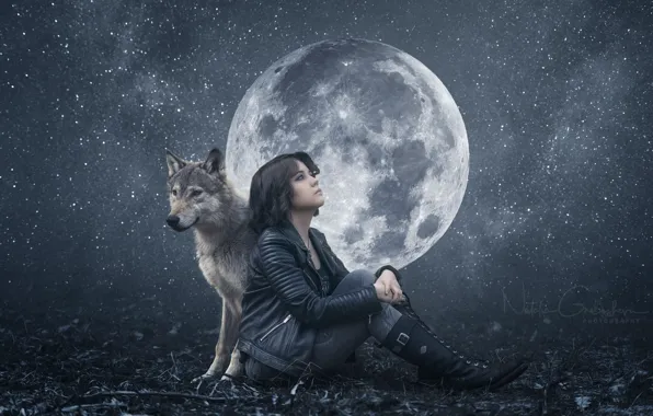 Картинка moon, fantasy, nature, art, predator, animal, wolf, wildlife