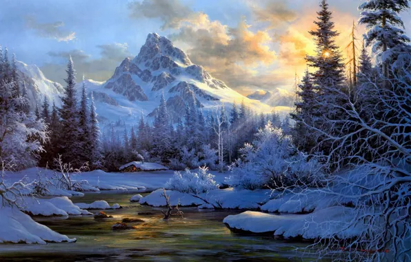 Картинка зима, лес, снег, пейзаж, закат, горы, природа, река