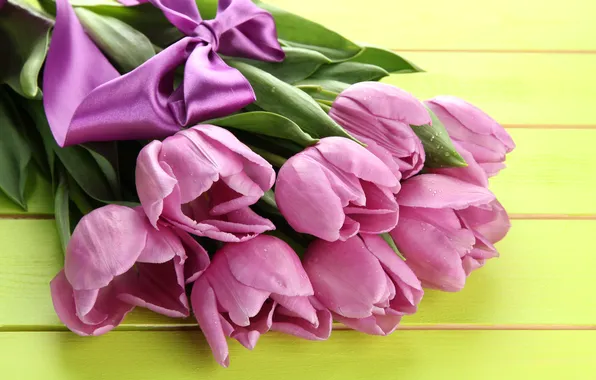 Картинка цветы, букет, лента, тюльпаны, розовые, wood, pink, flowers