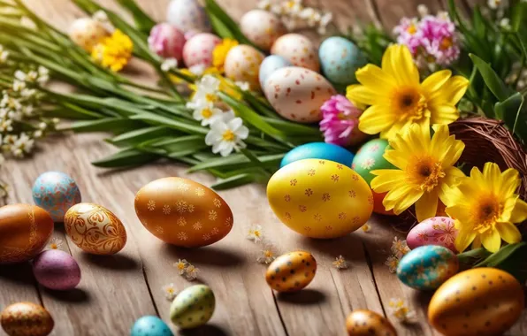 Картинка цветы, яйца, весна, colorful, Пасха, happy, flowers, spring