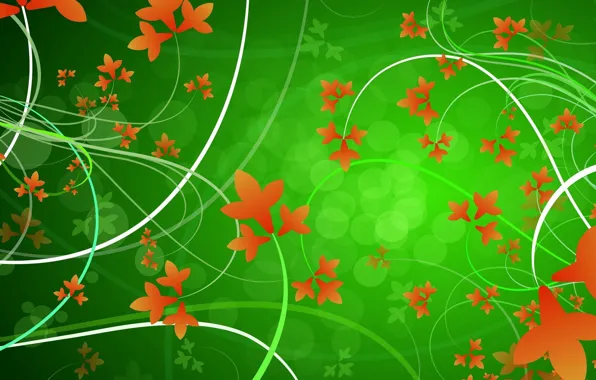Картинка листья, линии, круги, оранжевый, зеленый, узоры, вектор, изгибы