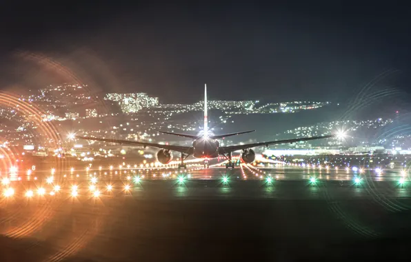 Картинка ночь, огни, аэропорт, посадка, Boeing 777