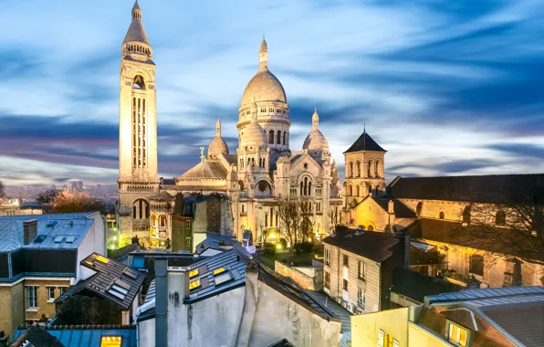 Картинка огни, Франция, Париж, дома, вечер, крыши, храм, Montmartre