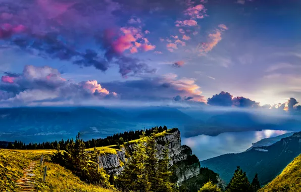 Картинка облака, озеро, гора, Швейцария, Switzerland, Lake Thun, Bernese Alps, Бернские Альпы