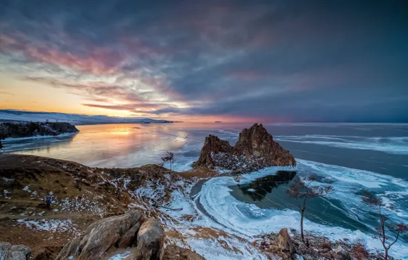 Картинка зима, закат, побережье, лёд, Сибирь, озеро Байкал, остров Ольхон