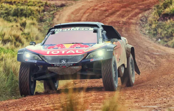 Авто, Машина, Скорость, Peugeot, Фары, Red Bull, Rally, Dakar
