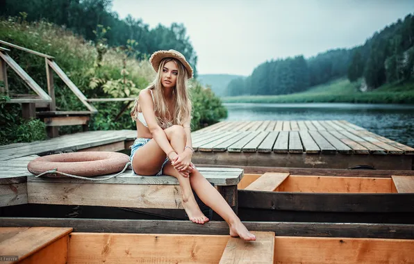 Model, River, Shorts, Straw Hat, Polina Grents, On The Deck, Woman Outdoors