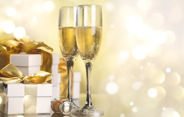 Картинка праздник, новый год, бокалы, подарки, пробка, шампанское, коробки, боке