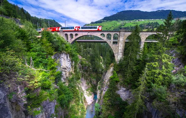 Мост, река, скалы, поезд, Швейцария, каньон, Switzerland, виадук