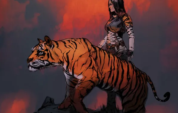 Картинка девушка, тигр, зверь, друзья, tigersketch
