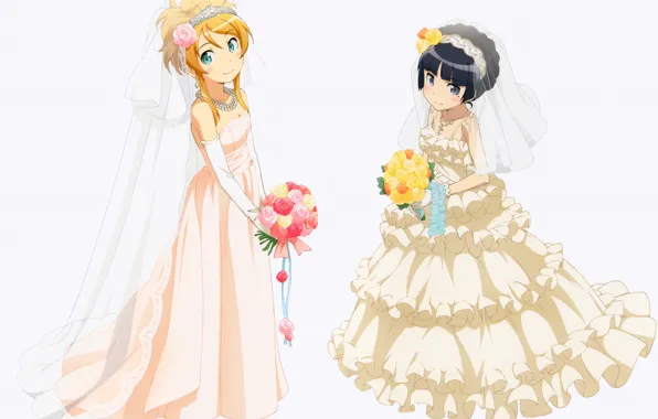 Розы, букет, белый фон, невеста, фата, оборки, ore no imouto ga konna ni kawaii wake …