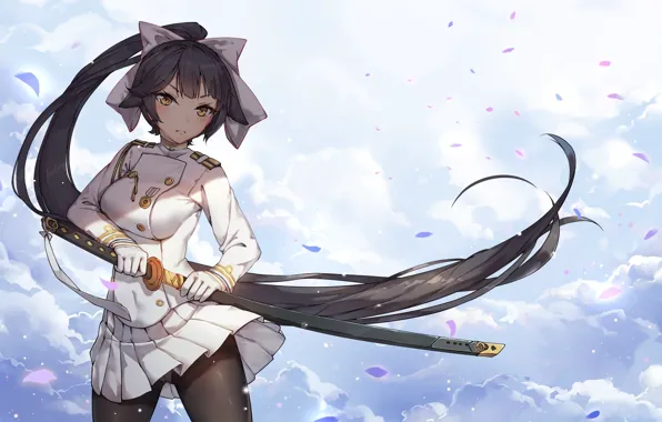 Картинка девушка, облака, меч, лепестки, Azur Lane
