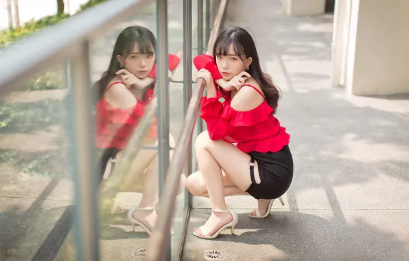 Девушка, отражение, азиатка, милашка