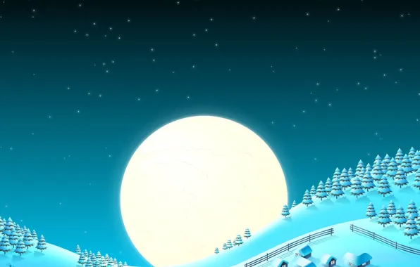 Снег, луна, елки, новый год