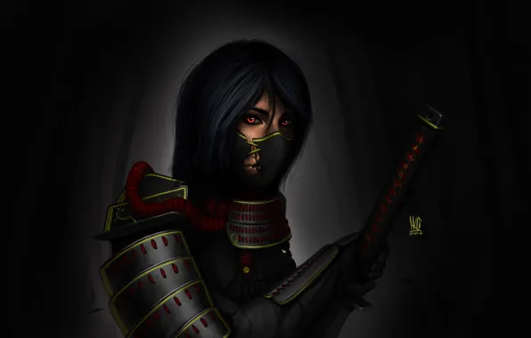 Картинка девушка, темный фон, меч, катана, арт, самурай, повязка, броня