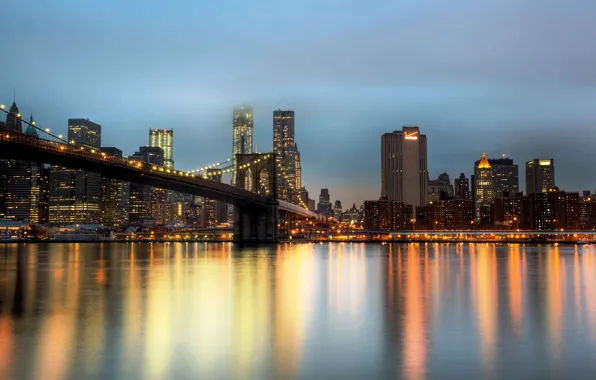 Город, Нью-Йорк, небоскребы, вечер, USA, Бруклинский мост, NYC, New York City