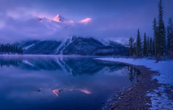 Зима, деревья, горы, озеро, отражение, Канада, Онтарио, Canada