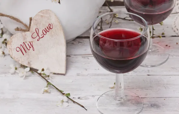Стол, вино, красное, бокалы, сердечко