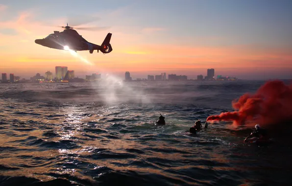 Море, вода, вертолет, береговая охрана, вооруженные силы