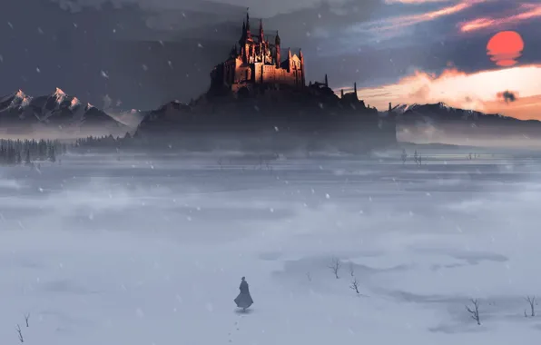 Картинка зима, поле, снег, замок, человек