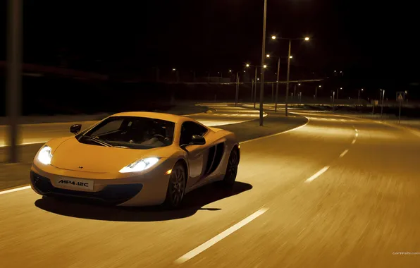 Дорога, ночь, город, фары, McLaren MP4-12C, скорось