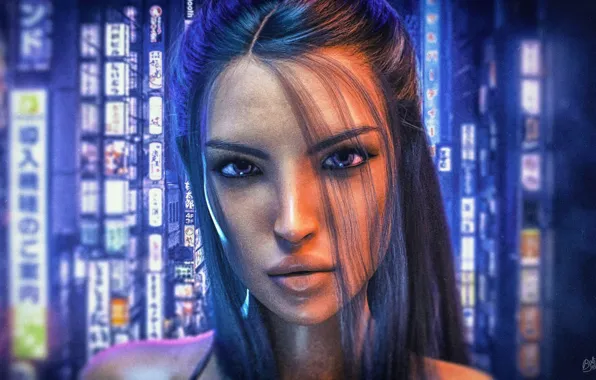 Взгляд, девушка, city, брюнетка, иероглифы, girl, art, cute