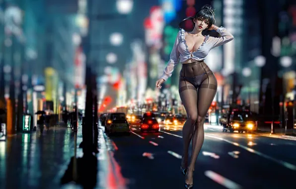 Авто, улица, колготки, ночной город, девушка art