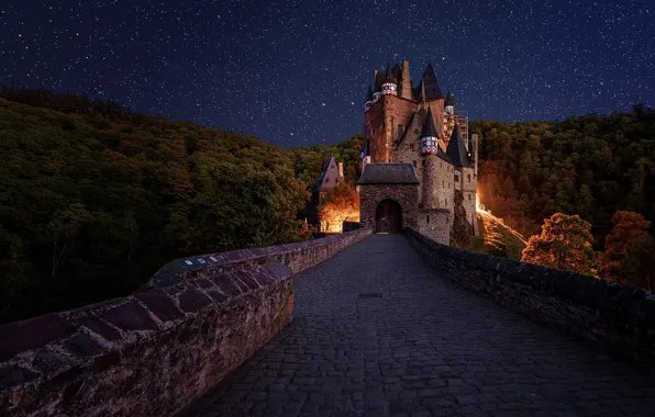 Картинка дорога, лес, небо, пейзаж, ночь, мост, звёзды, Германия